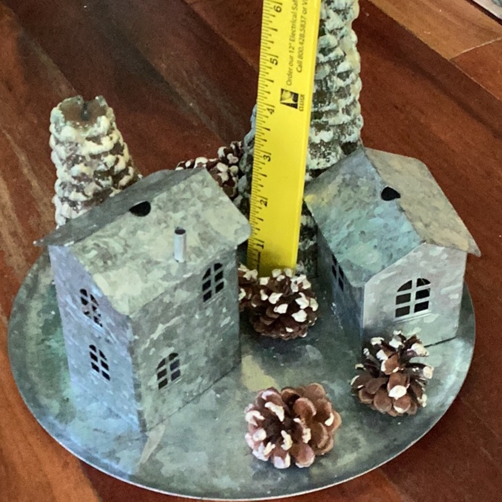 Galvanized Metal Houses, Evergreen Candles, PineCones, Tray & votives Decor